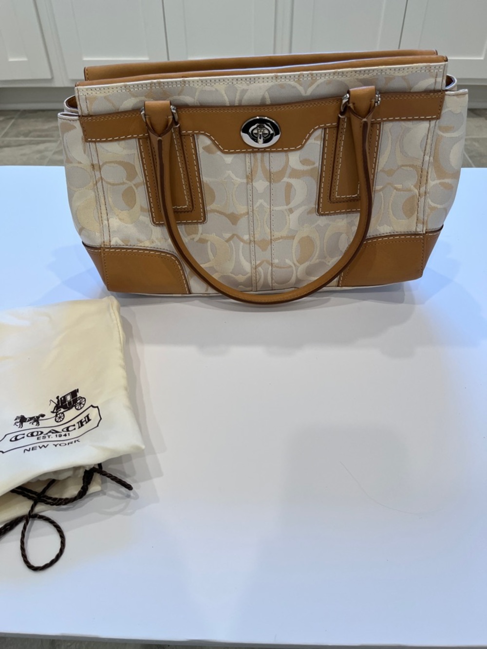 Coach Signature Canvas Shoulder Tote in Khaki and Saddle